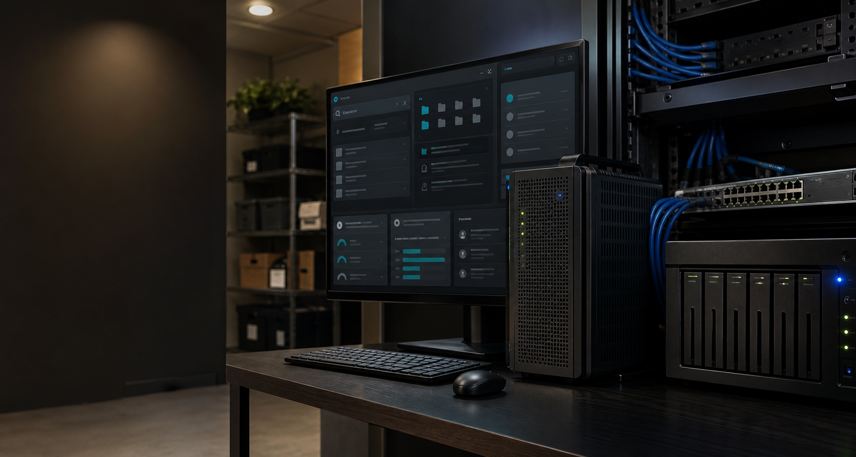 Private AI workstation, NAS, monitor dashboard, and local network infrastructure in a business operations room.